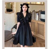 夏季2021新款复古法式可盐可甜设计感V领收腰显瘦短袖连衣裙子女 黑色 S
