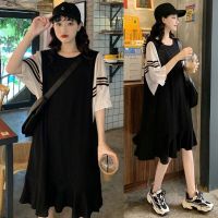 孕妇装夏装连衣裙2021新款大码宽松胖MM洋气拼接打底衫显瘦连衣裙 A0111#黑色 M[建议80-110斤]