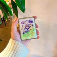 可爱流沙镜子少女心双面折叠镜卡通太空人便携迷你随身化妆镜 方形流沙镜-黄色