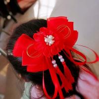 2021新款儿童蝴蝶结发饰女童头饰小女孩超仙发夹汉服古风头花 红色 绝代风华