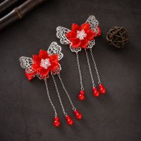 儿童复古古风流苏超仙发夹汉服头饰中国风儿童女孩公主头饰发饰 水晶古韵流苏发夹大红一对