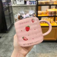 [草莓杯]可爱陶瓷杯带盖带勺女学生韩版咖啡杯马克杯家用大水杯 三颗小草莓杯-无勺