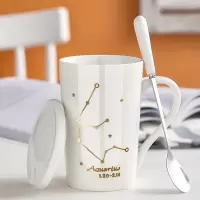 创意个性潮流星座马克杯过滤茶漏陶瓷杯子带盖勺咖啡杯家用喝水杯 1.水瓶座 白色-(一杯一盖一勺)