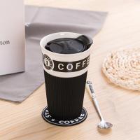 创意陶瓷杯子咖啡杯马克杯简约水杯茶杯随手杯咖啡杯情侣大容量 黑色 杯+杯套+塑料盖
