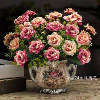 假花装饰仿真花摆件客厅餐桌卧室欧式假花卉套装花束盆栽花草盆景 玫红色 陶瓷花瓶(花瓶只有一个颜色)