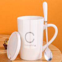 创意陶瓷杯子女学生韩版可爱马克杯带盖勺情侣水杯咖啡杯家用茶杯 C姓 白色灰[无盖无勺]