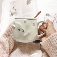 陶瓷杯子女2021新款喝水杯可爱高颜值家用夏天咖啡杯大容量马克杯 灰色猫咪[带盖勺]400ML