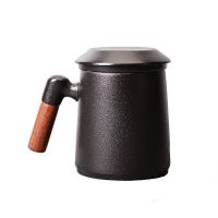 简约茶水分离办公杯磨砂陶瓷马克杯带茶漏泡茶杯子带手柄男女水杯 黑色 荣祥木把磨砂杯