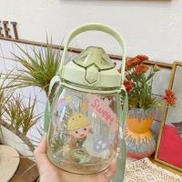 水杯超大容量可爱高颜值学生吸管杯韩版带吸管直饮背带水壶耐高温 绿色(钻石款+贴纸+背带) 1100毫升