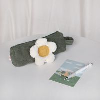 ins复古笔袋灯芯绒清新小雏菊铅笔袋大容量可爱学生文具盒笔袋 森林绿