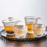 日式公道杯玻璃锤纹盖碗茶具套装ins竹节纹功夫茶具配件泡茶器 金边公道杯+盖碗+4只茶杯