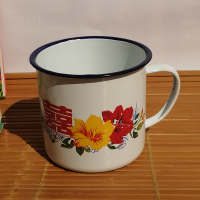 老式怀旧花喜搪瓷杯创意杯子经典水杯铁茶缸子加厚把手吉祥喜庆杯 8cm花喜随机无盖380毫升