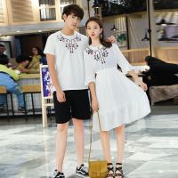 短袖女学生韩版宽松情侣装2021新款T恤套装刺绣连衣裙班服团体服 白色 男装T恤(M码)