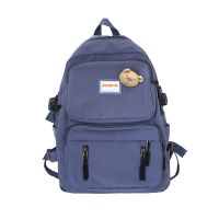 韩国ins书包女学生韩版初中古风大容量工装双肩包大学生潮牌背包 蓝色 书包[买就送小熊别针+4个小礼物]
