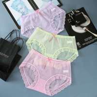 性感全透明内裤女中腰网纱蕾丝边加棉档超薄无痕透气大码三角裤女 浅紫+果绿+粉色 L 75-110