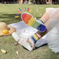 彩虹糖帆布鞋女学生韩版百搭ins低帮小白鞋2019新款泫雅风鞋子夏 白色 35 关注店铺优先发货