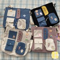 日系原宿学院风可爱少女学生斜挎包女 韩版ins校园复古卡通单肩包 多口袋撞色单肩包白(2徽章) 收藏店铺 送礼物 优先发