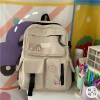 日系原宿古着感学生书包女韩国ins学院风百搭少女双肩包旅行背包 米白色 黑拉链版