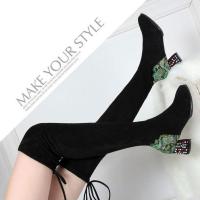 不掉筒2020过膝长靴女冬加绒瘦瘦靴显瘦中高跟高筒长筒靴sw靴子 兔毛 系带款 34