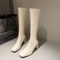 高筒靴子女骑士靴2021夏季新款英伦风显瘦高跟薄款粗跟不过膝长靴 米色 34