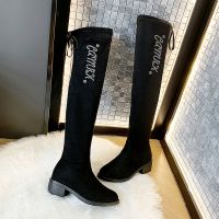 2021新款秋冬过膝长筒靴女平底显瘦加绒加厚高跟不掉筒弹力瘦瘦靴 黑色 40