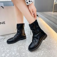 长靴骑士长筒马丁靴女2021秋冬新款英伦风瘦瘦不过膝中筒高筒靴 米白色短筒 40