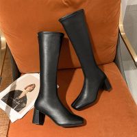 长筒靴女2021新款春秋粗跟高筒马丁女靴不过膝长靴夏中筒时装靴子 黑色 34 标准码