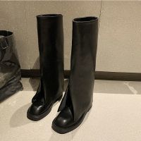 靴子女夏裤管靴高筒骑士靴炸街不过膝瘦瘦靴2021新款单靴平底长靴 黑色 35 标准码