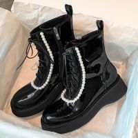 马丁靴2021新款短靴女松糕厚底平底机车靴复古英伦风珍珠系带单靴 黑色 关注店铺优先发货 35