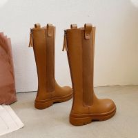长筒马丁靴女不过膝烟筒靴小个子中筒2021秋冬新款瘦瘦骑士高筒靴 棕色 35