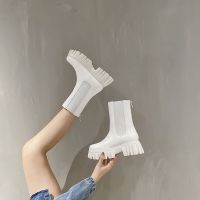 真皮白色马丁靴女2021夏季中筒厚底切尔西短靴子增高后拉链烟筒靴 白色 35