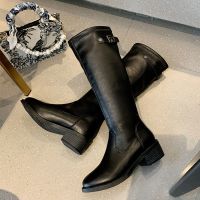 马丁靴女2021秋季新款长筒显瘦骑士烟筒不过膝靴百搭粗跟增高单靴 黑色 35 标准码