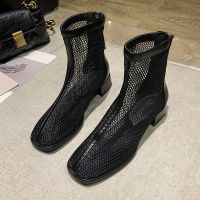 网靴子女夏季2021年新款网纱长靴镂空平底罗马凉鞋高筒凉靴马丁靴 短筒黑色 35 标准码