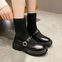 炸街切尔西短靴夏季薄款女2021年新款法式平底英伦风厚底马丁袜靴 黑色 35 标准码