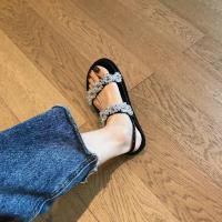 重工手工珠花水晶凉鞋平底简约扣带学生百搭舒适仙女鞋 黑色 35