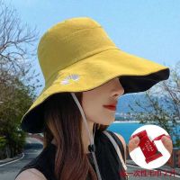 韩版双面小雏菊渔夫帽女夏天日系遮脸潮百搭遮阳大沿太阳防晒帽子 灬大艶帽灬小雏菊黄色灬黑色 送防风绳灬一次性灬毛巾2片