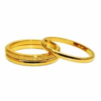 [不褪色不过敏]钛钢三生三世磨砂细闪光面轻奢包金情侣戒指 套装(3美号)