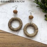 复古森系草藤编织手工耳环波西米亚度假风耳钉女民族风夏季耳饰品 菩提麻绳圆圈 合金耳勾