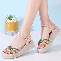 休闲鞋2021夏季新款一字扣ins仙女风凉鞋女真皮百搭厚底松糕女鞋 绿色 35