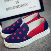 新款老北京布鞋帆布鞋女鞋厚底学生板鞋小桃心平底鞋 F139蓝色 35