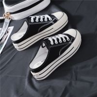 5厘米厚底内增高无后跟两穿 2021秋夏季新款韩版半拖学生帆布鞋女 黑色 半拖款 34