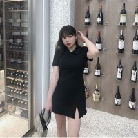 辣妹狙击手赫本风开叉短袖连衣裙2021夏季新款性感优雅紧身裙子女 黑色 (短裙) M 建议90-105斤