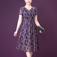 弹力印花台湾纱遮肚显瘦洋气优雅中老年妈妈连衣裙夏季新款过膝裙 蓝色 2XL [建议120-130斤]