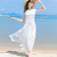 2021夏新雪纺连衣裙修身显瘦淑女气质白色短袖大摆超仙度假中长裙[15天内发货] 白色 S [建议98斤以内]