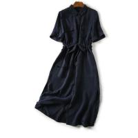 2021年夏季新款凉爽时尚气质淑女高级仿铜氨工装元素抽带连衣裙女 藏蓝色 S [105斤以下]