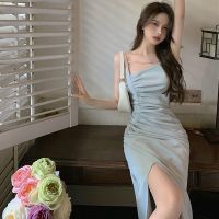 高档连衣裙初秋2021新款夏装修身显瘦吊带性感辣妹不规则打底裙子 灰蓝色[优质面料] S 建议70-80斤