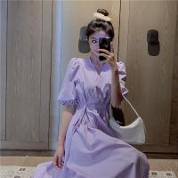 夏季韩版2021新款收腰显瘦V领泡泡袖桔梗紫色短袖连衣裙女学生ins 紫色 S