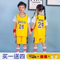 儿童篮球服套装男童科比詹姆斯假两件幼儿园表演服小学生女孩球衣 短袖湖人24黄 送礼品 3XS（85-95身高）