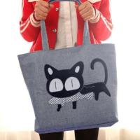 带拉链大帆布包女单肩包妈咪购物袋健挎环保手提袋学生书包 灰色猫咪