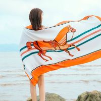 章子怡同款丝巾女百搭春夏秋季薄款长款印花围巾度假旅行防晒披肩 桔色 小尺寸[180*90]